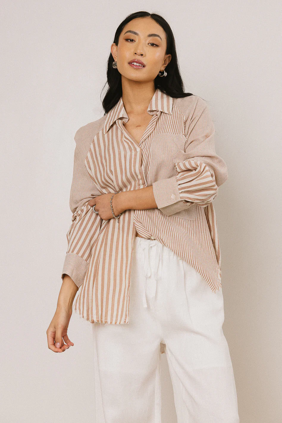 Gia Striped Button Up in Taupe