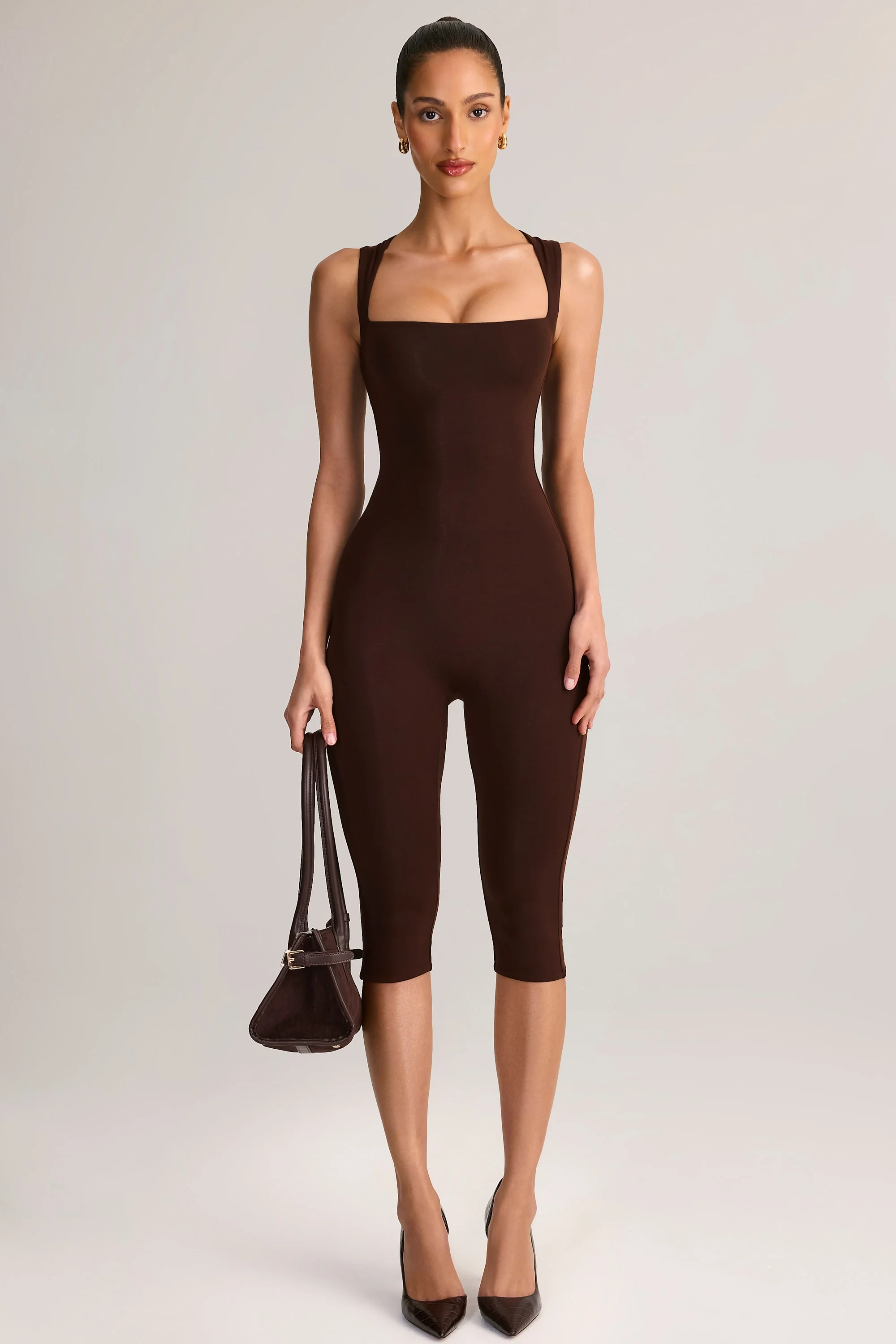 Modal Square-Neck Bodycon Capri Jumpsuit in Chocolate Brown