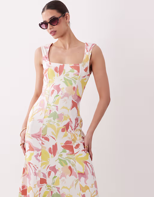 square neck seam detail midi dress in abstract floral print
