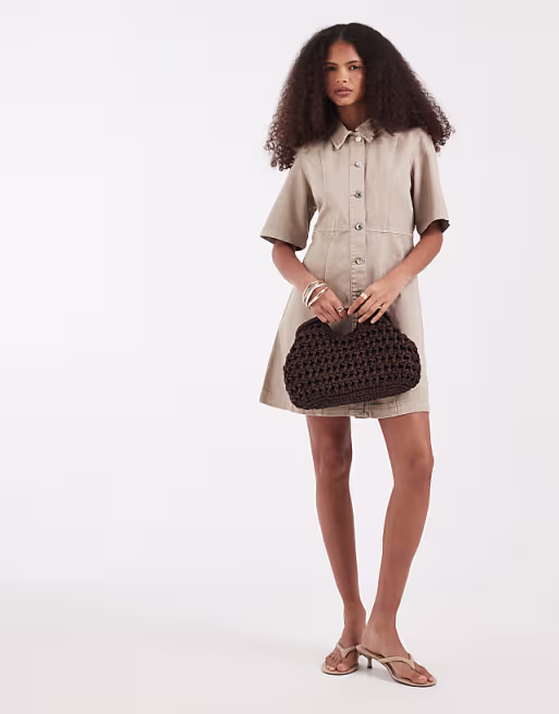 Vero Moda button front fit and flare denim mini dress in beige wash