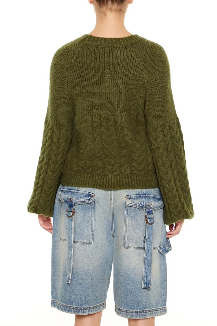 Peasant-Sleeve Cable Knit Sweater