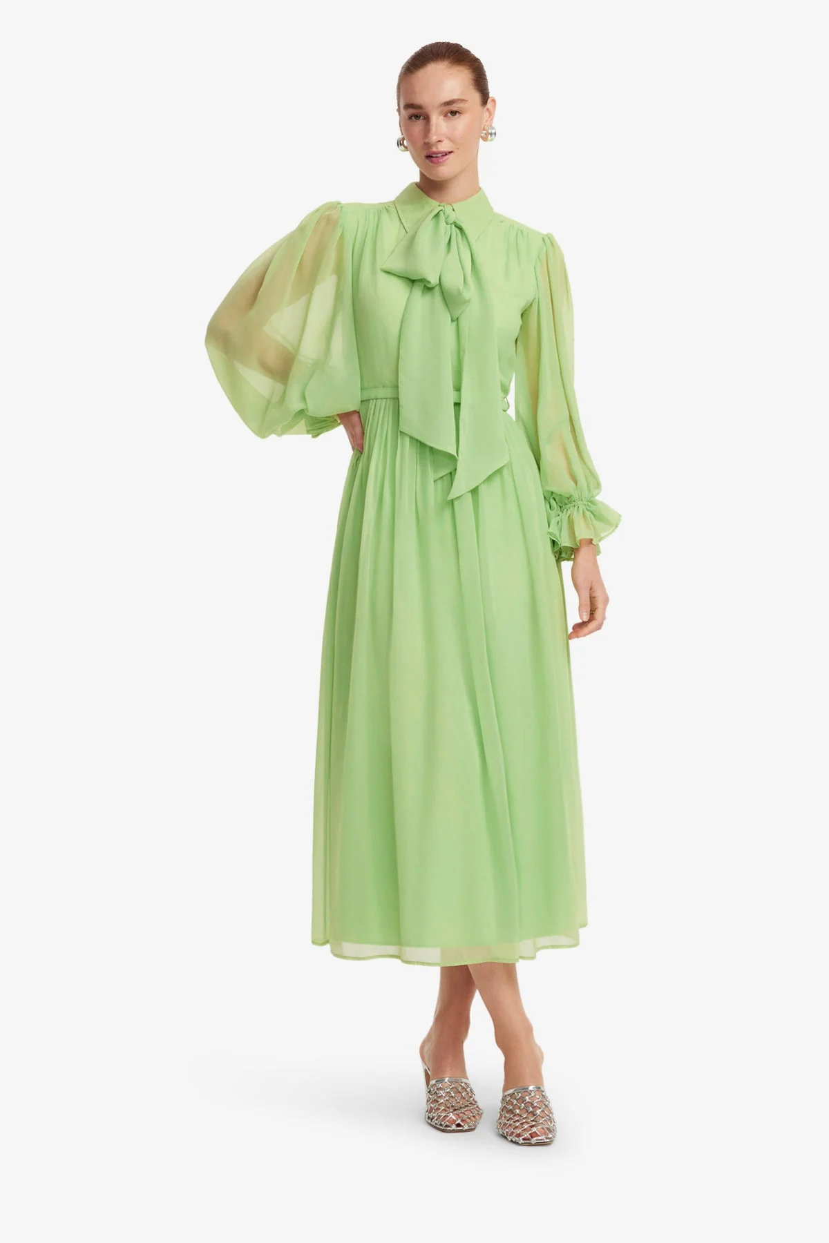 Cassie Tie Neck Midi Dress - Juniper Green