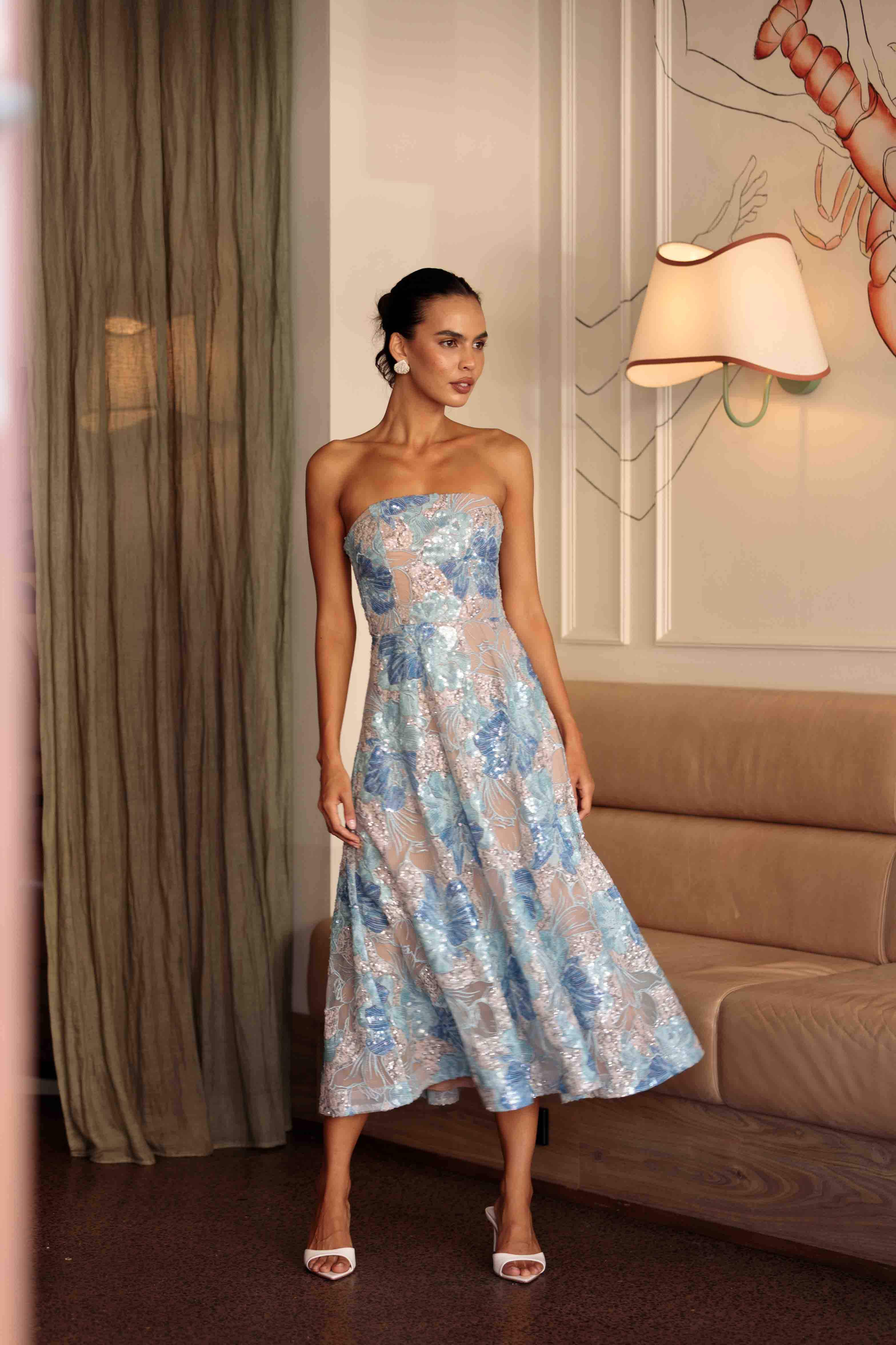 Leonie Cocktail Midi Dress in Blue