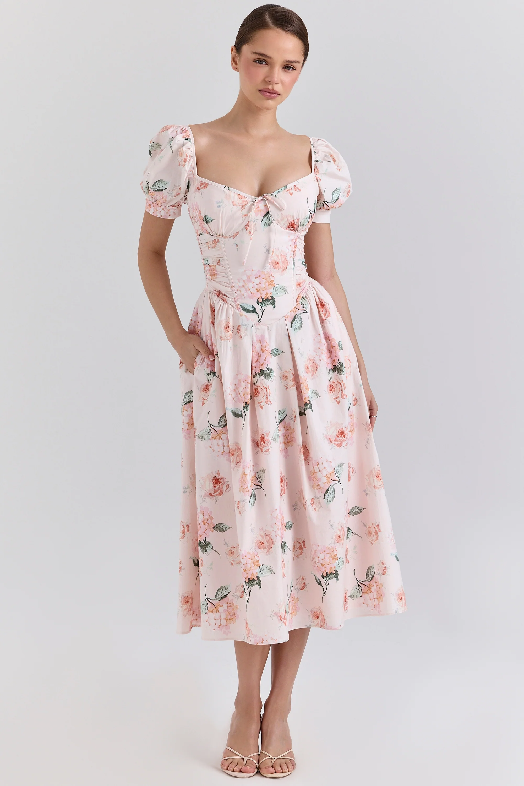 peach floral cotton puff sleeve midi dress