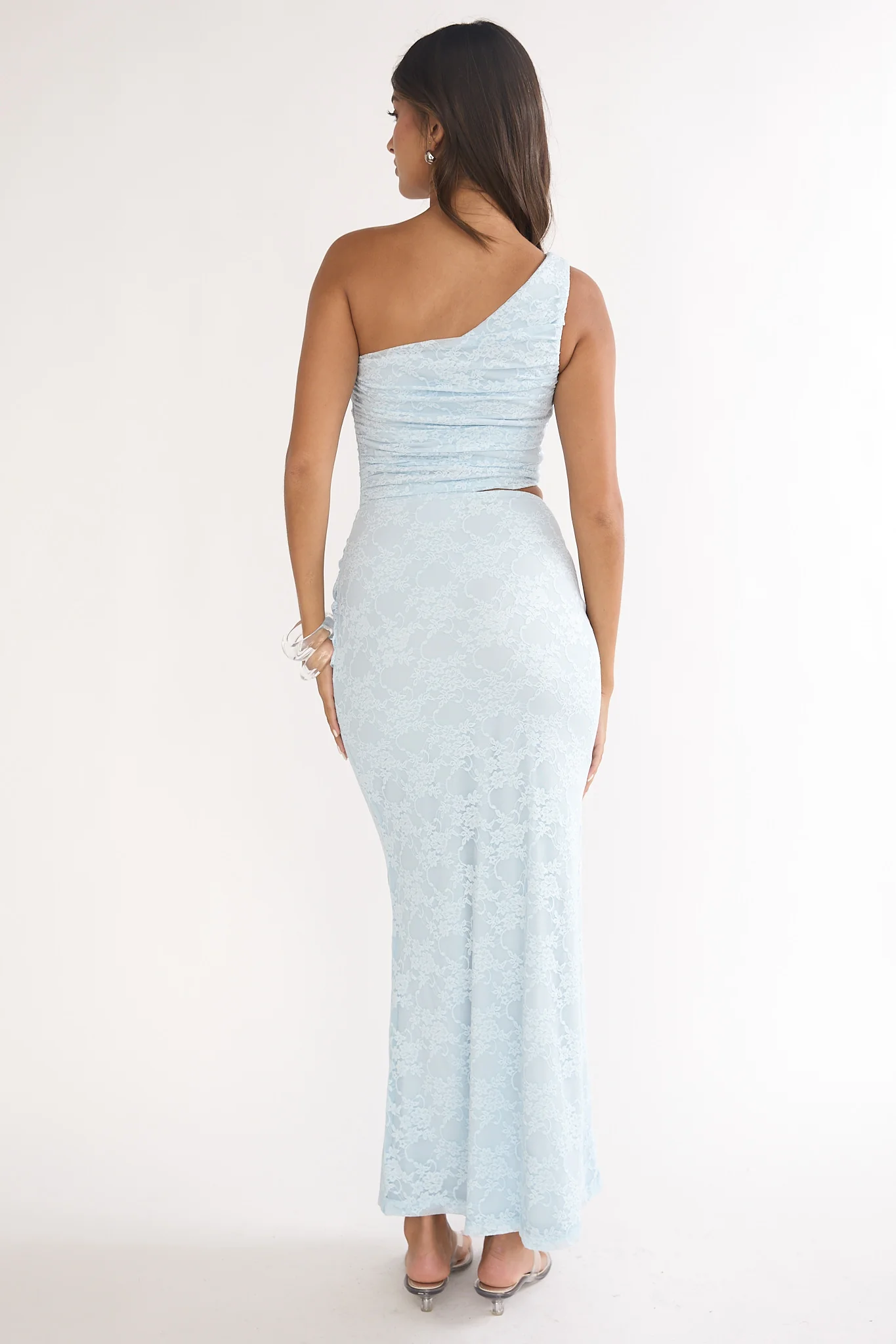 Luli One-Shoulder Cut-Out Maxi Dress Textured Light Blue - luluinthesky