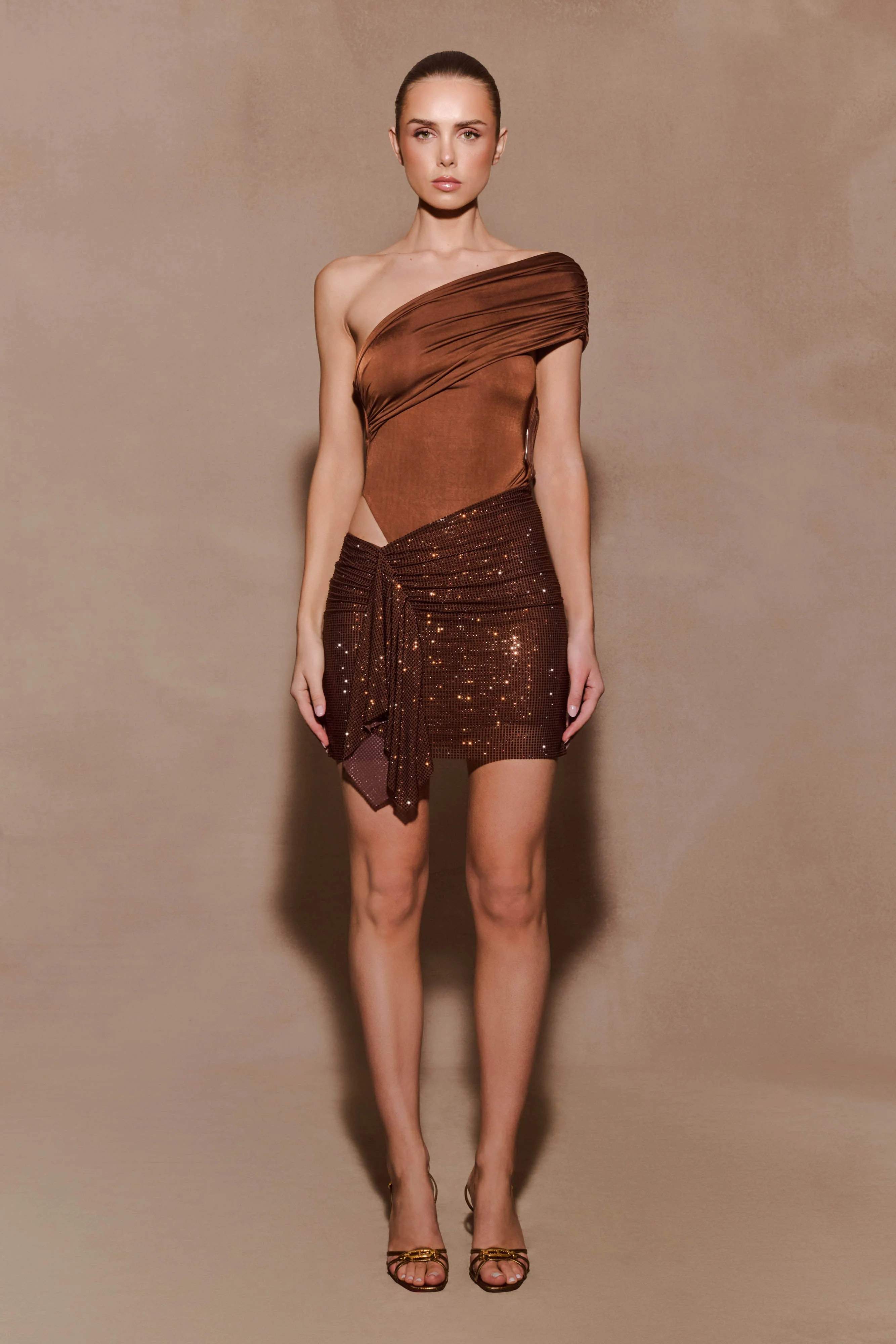 Paisley Slinky And Diamante Mini Dress - Chocolate