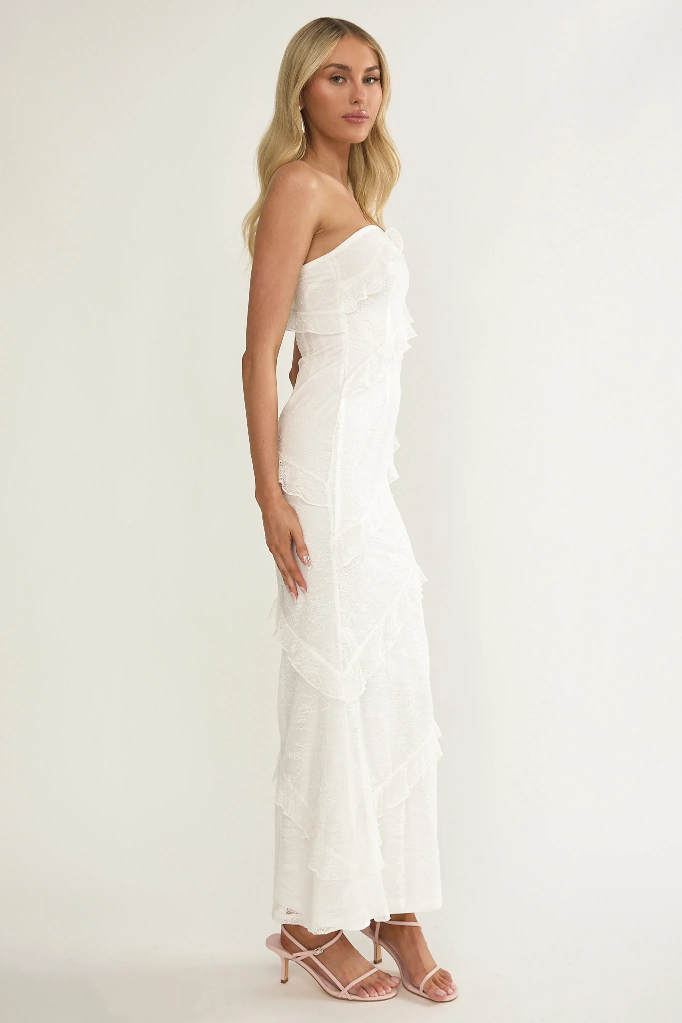 Metrics Strapless Frill Maxi Dress White
