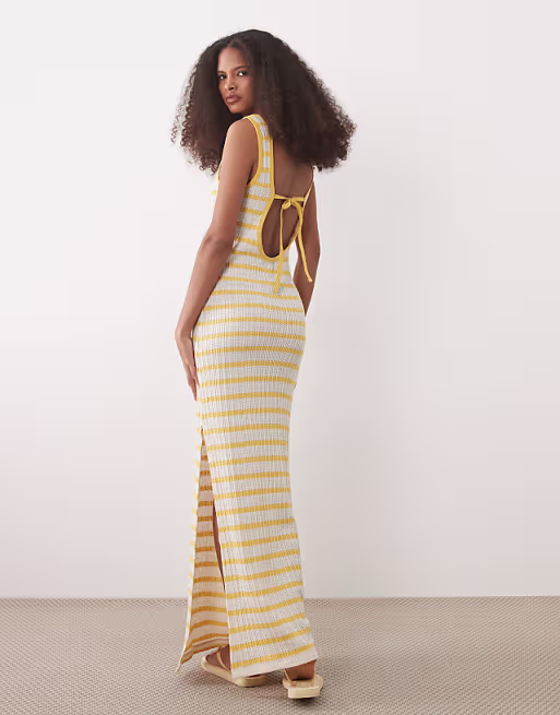 textured scoop neck midi dress with open back in yellow stripes