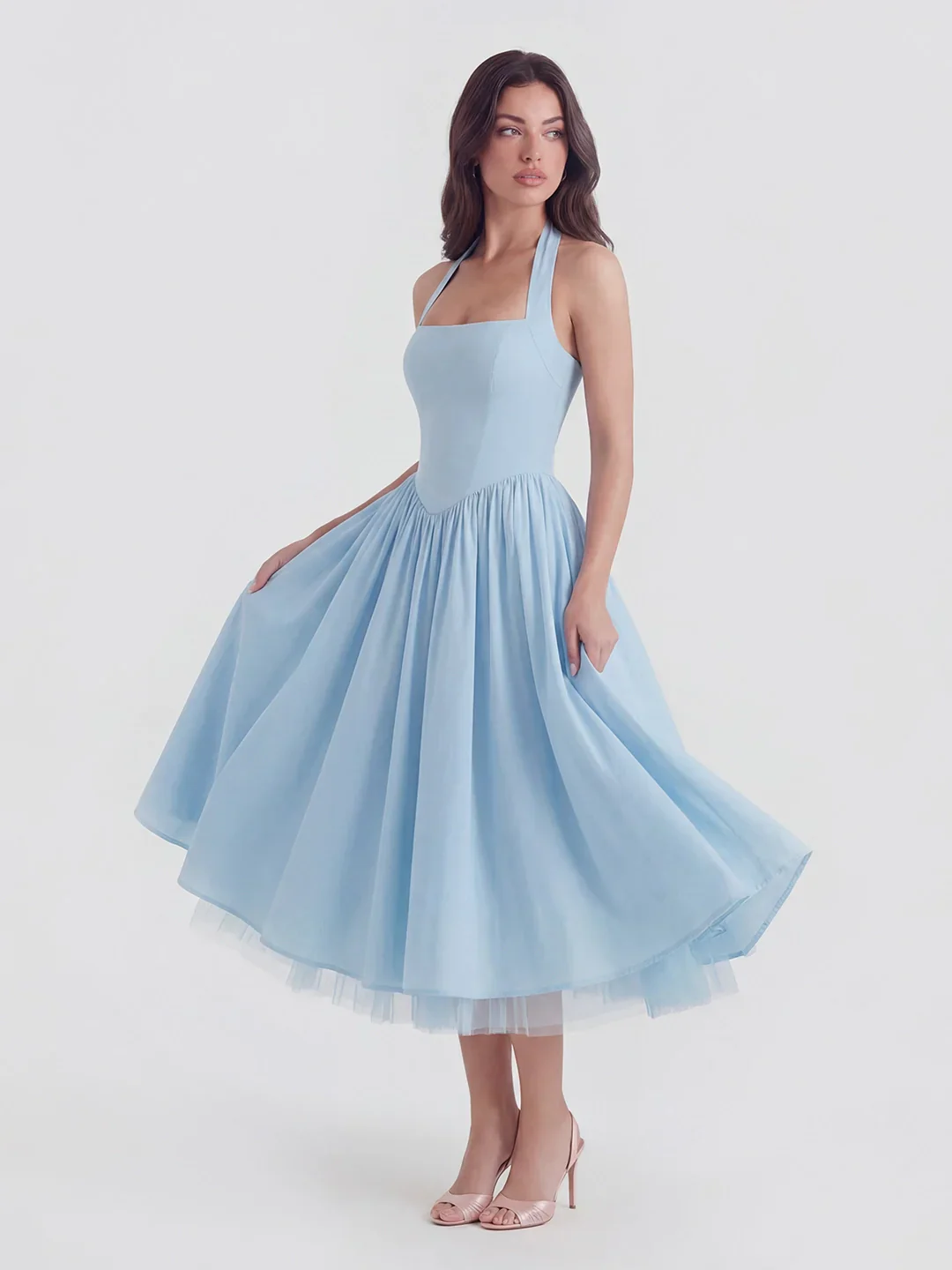 Lace-Up Halter Midi with Exposed Tulle Hem