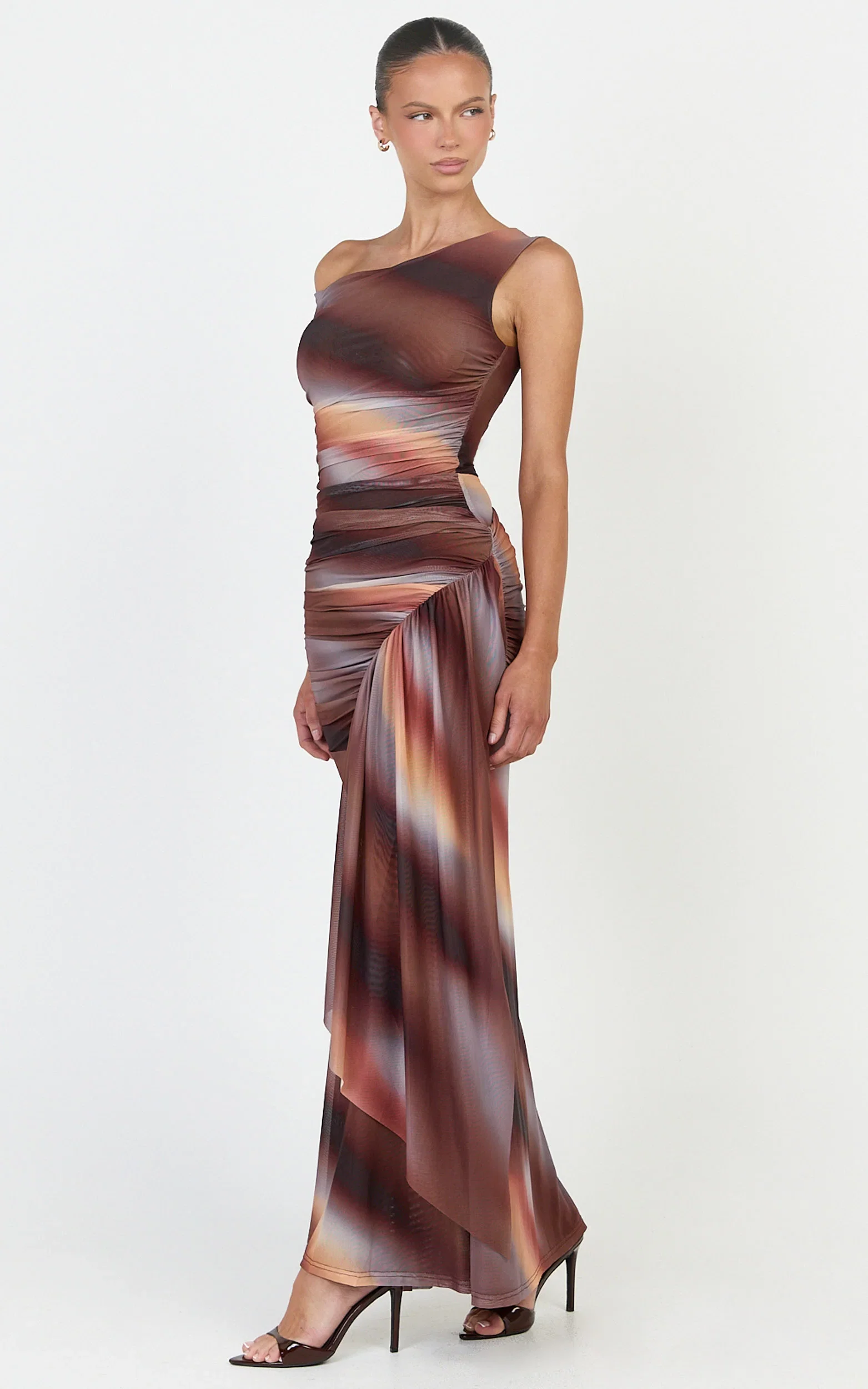 Lucienne Maxi Dress - Asymmetric Neckline Gathered Draped Sash Dress in Aurora Print