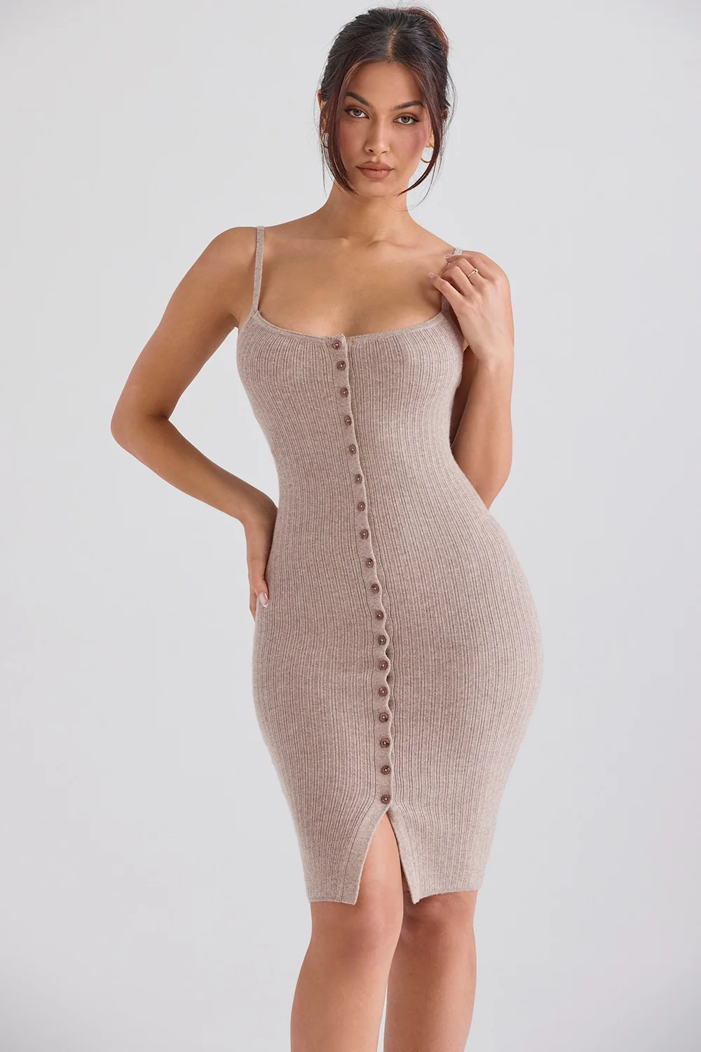 Beige Cashmere Knit Midi Dress