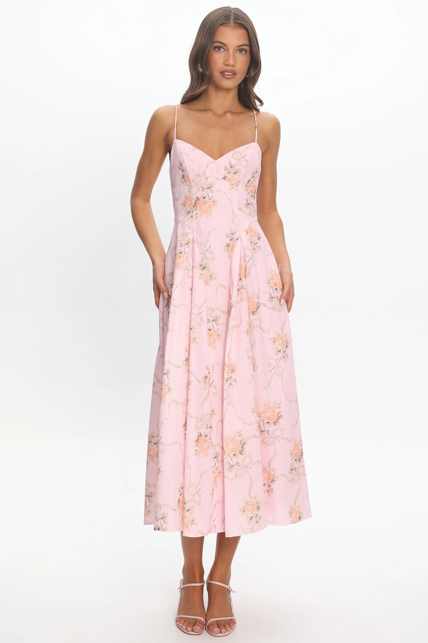 Get My Attention Pleat Waist Maxi Dress Bow Pink