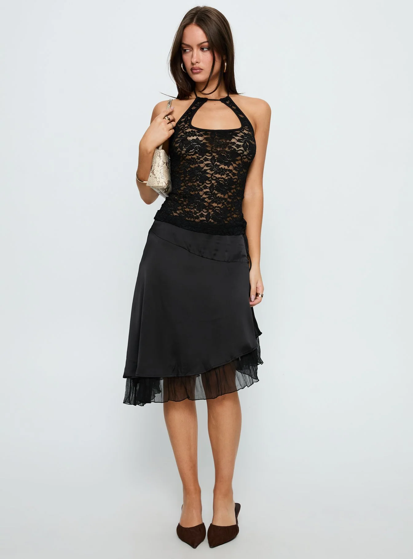 Janais Lace Tie Neck Top Black