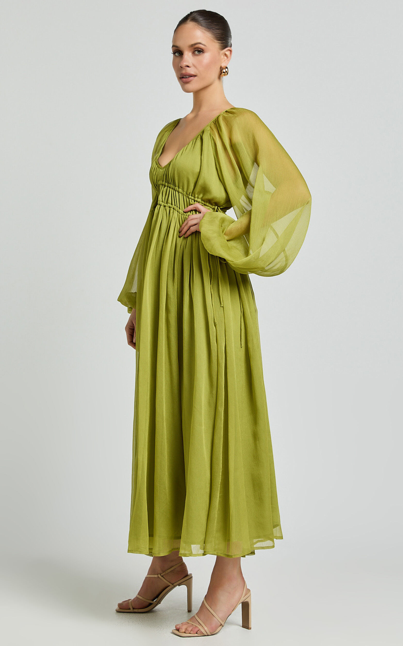 Roxanna Maxi Dress - Long Sleeve Ruched Waist Dress in Green