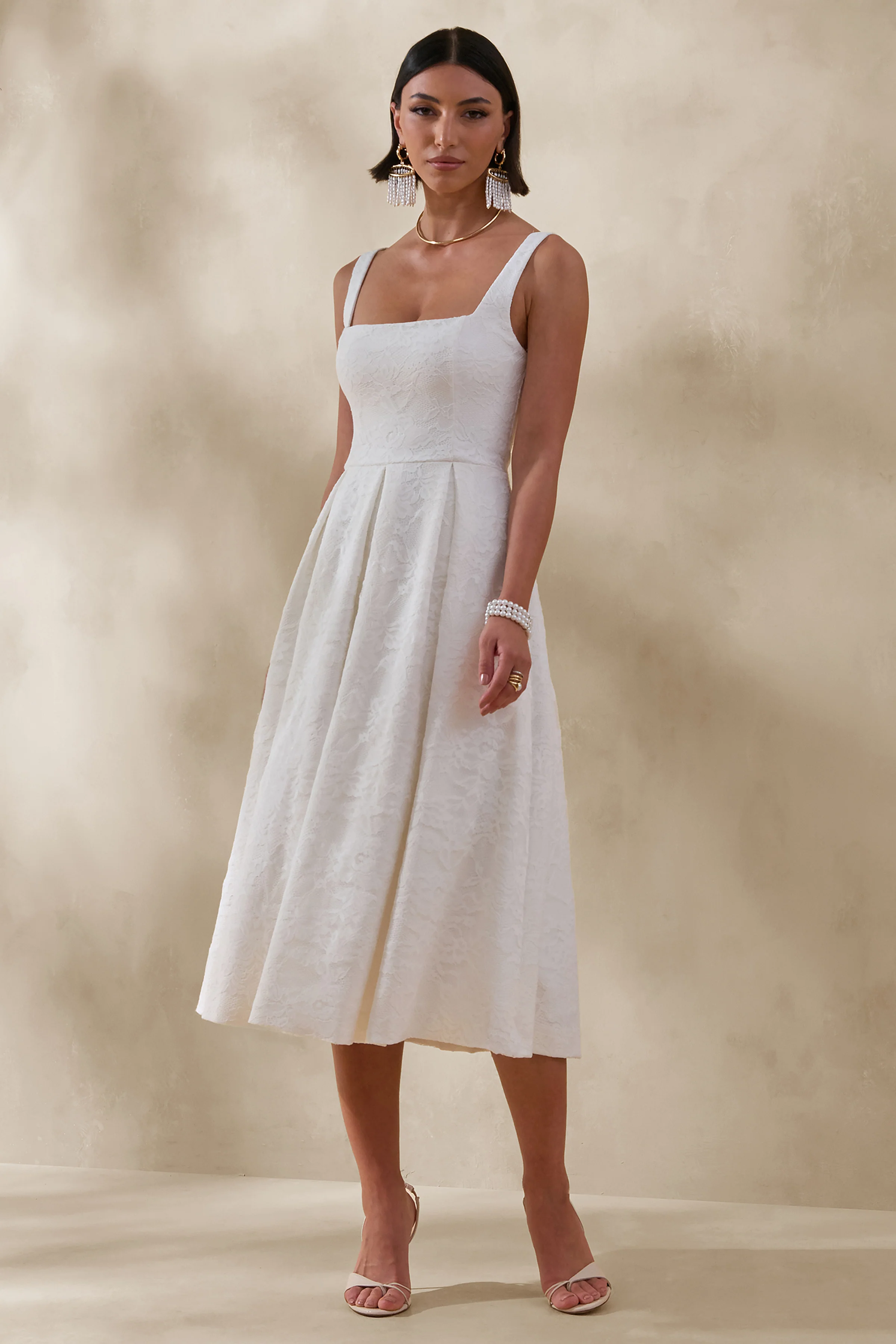 Ashmara | White Lace Square-Neck Midi Dress