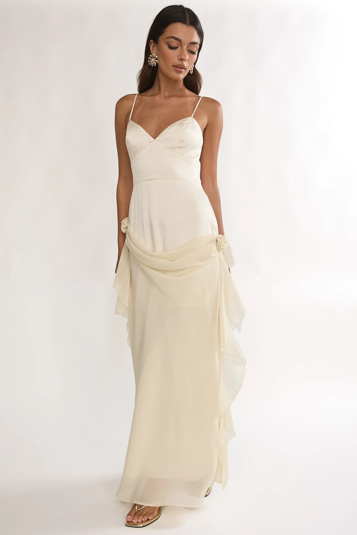 Rivena Rosette Chiffon Drape Maxi Dress Oyster