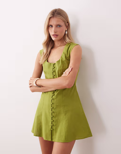 square neck button down mini sundress in dark lime