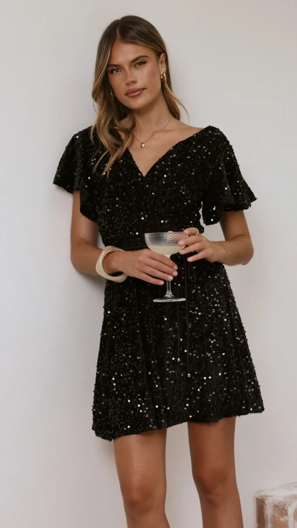 Zinnia Sequins Mini Dress - Black Sequins - FASHION NOB