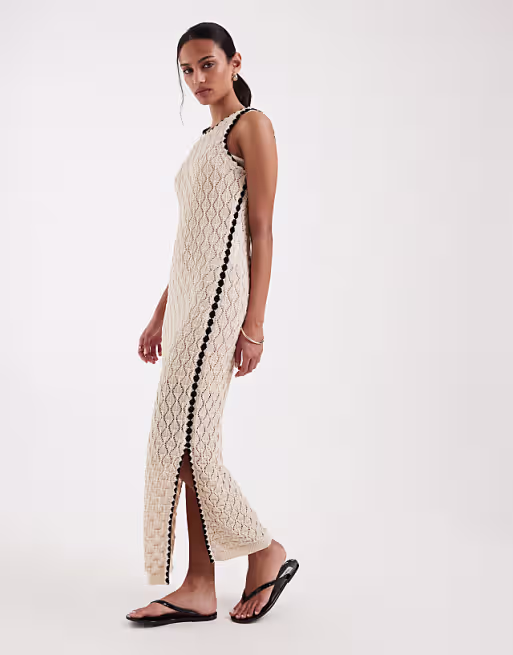 AWARE sleeveless corchet maxi dress in cream with black contrast trim