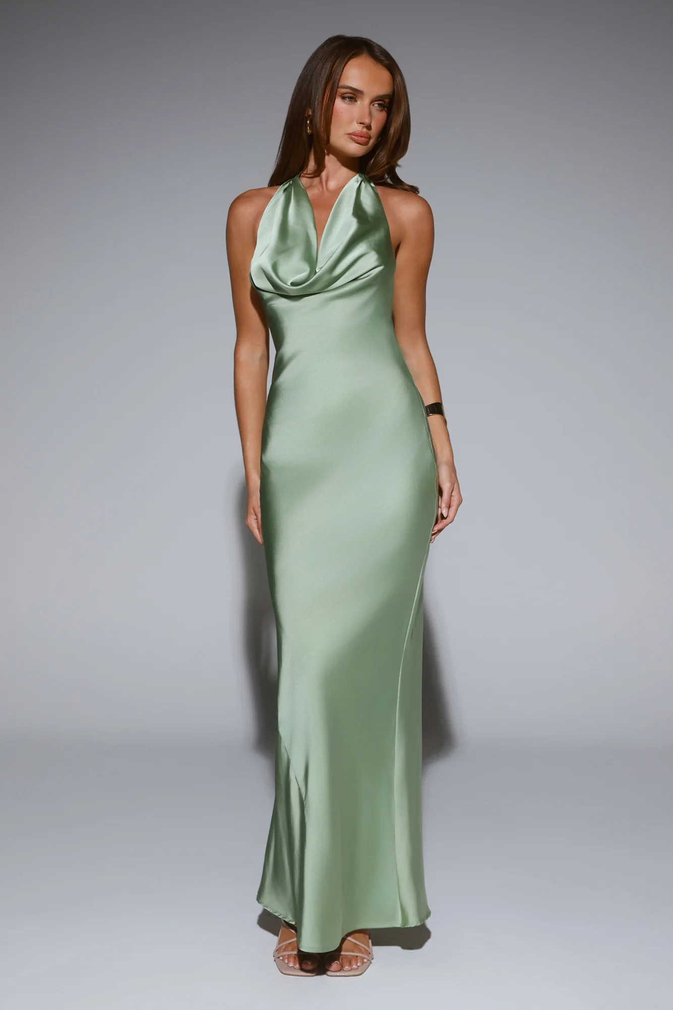 VIP Energy Satin Scarf Halter Maxi Dress Sage