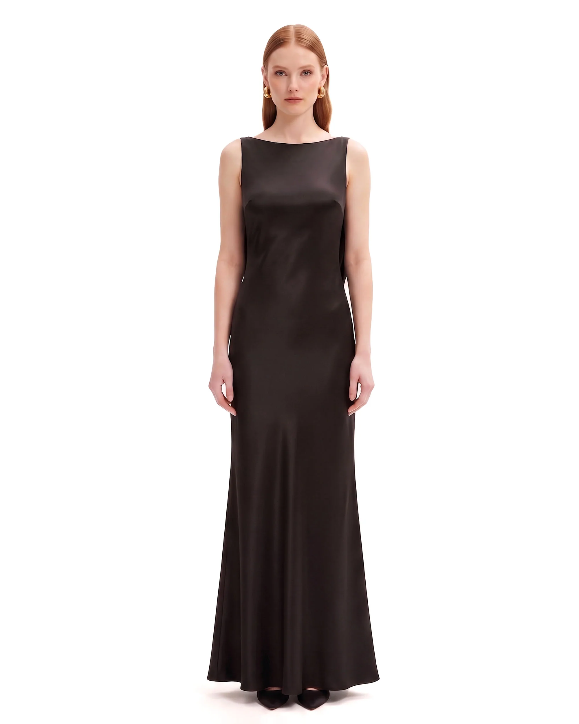 Tulip Appliqué Cowl-Back Satin Column Maxi Dress - Black - FASHION NOB