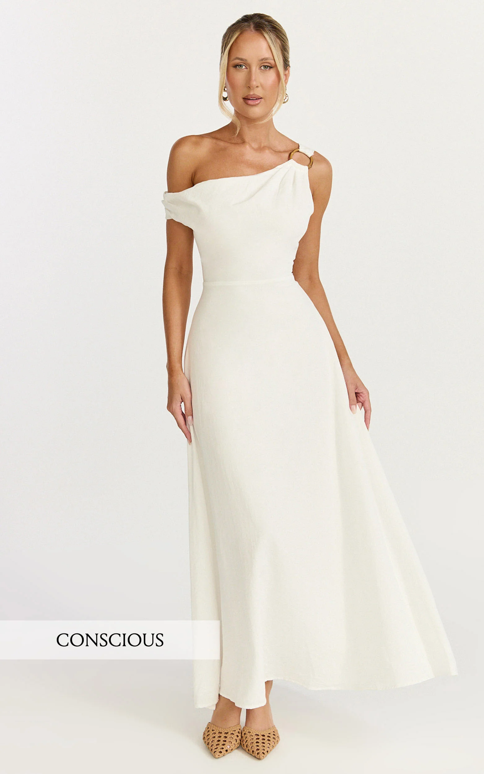 Amber Midi Dress - Off The Shoulder Hardware Detail A Line Dress in White