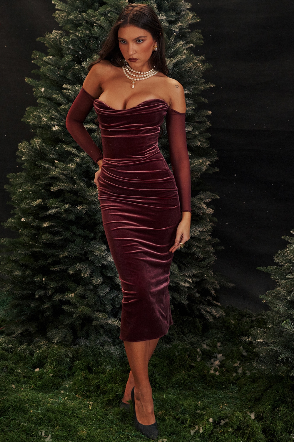 mulberry strapless midi dress