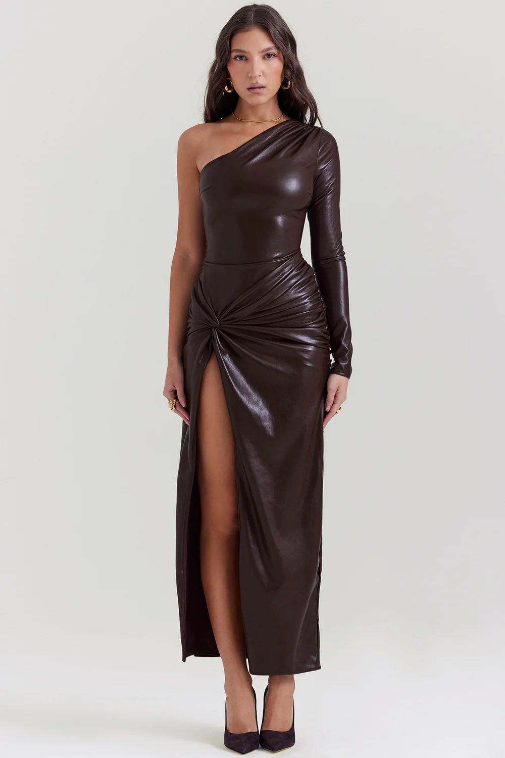 cocoa vegan leather maxi dress