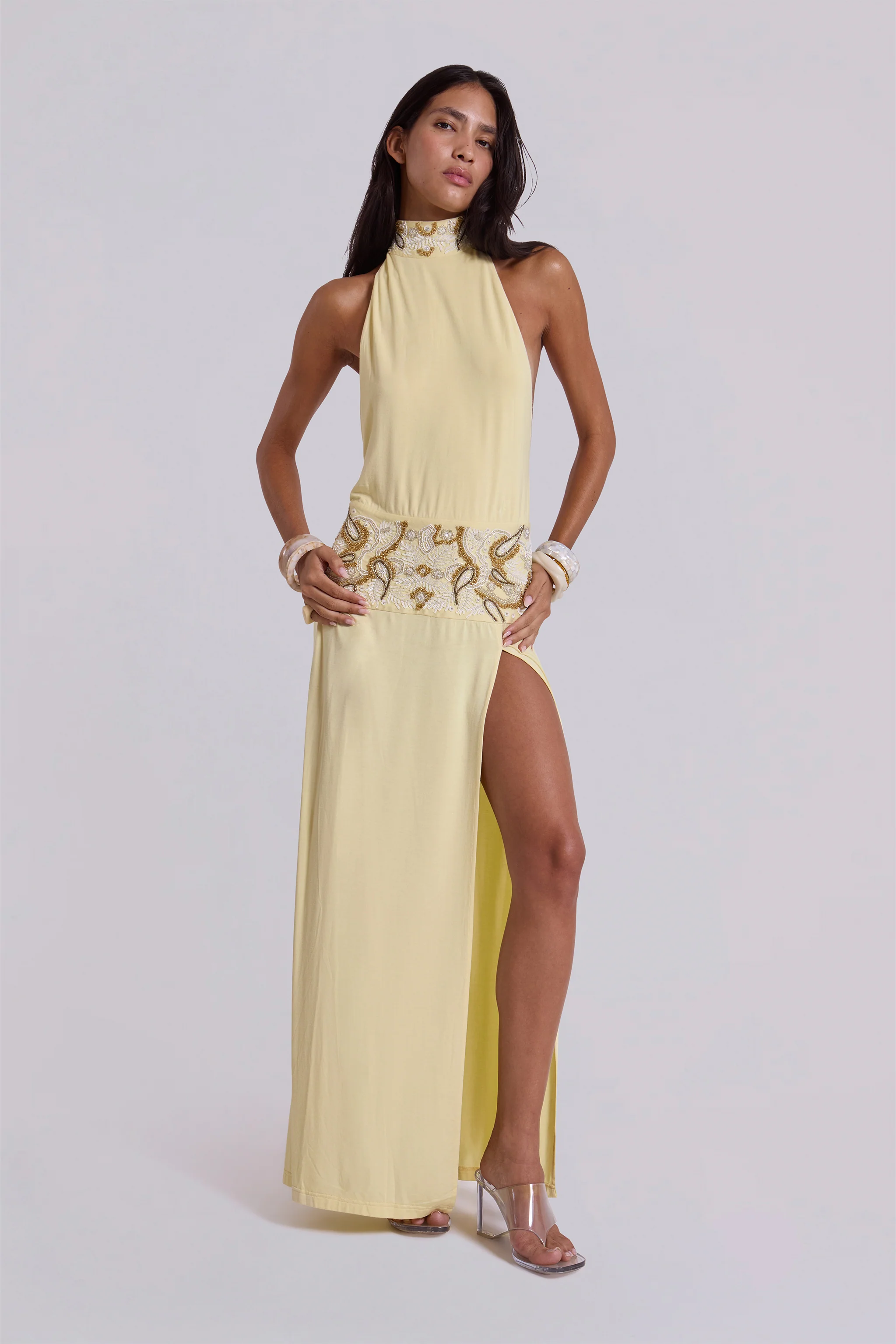 Darya Hand Beaded Backless Maxi Dress in Butter