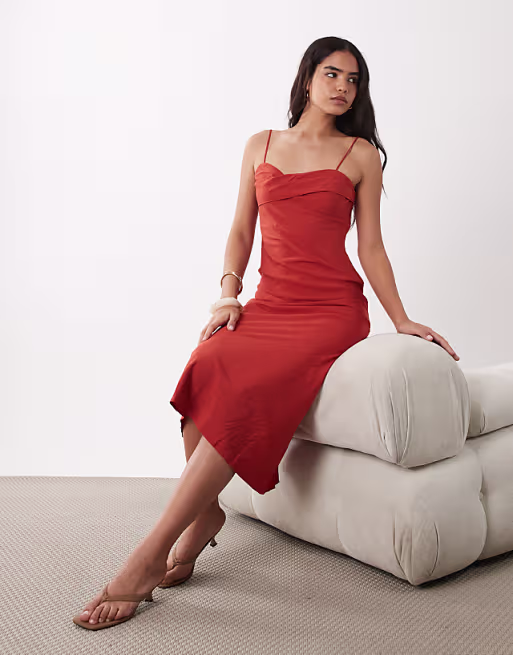 Mango sleeveless wrap detail midi dress with open back detail in red
