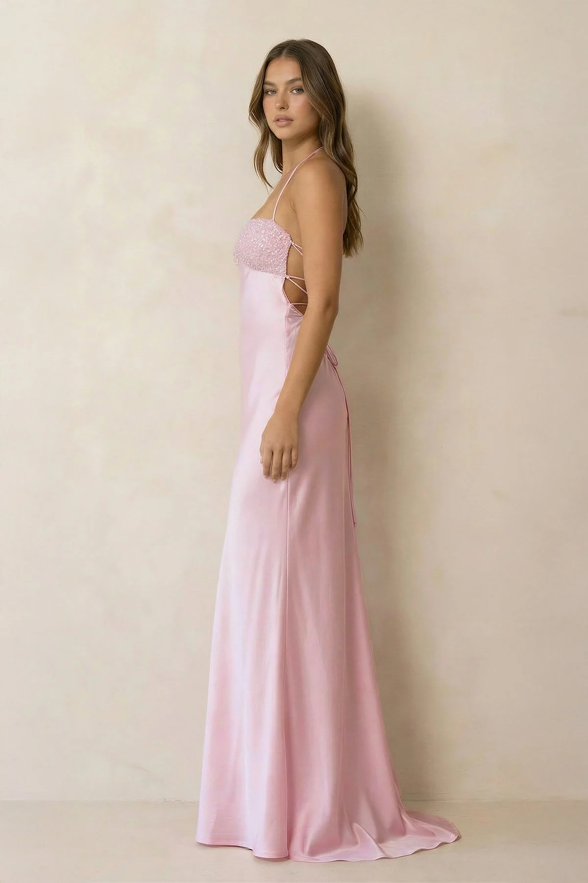 Halter Sheath Satin Maxi Dress With Sequins in Pink - luluinthesky