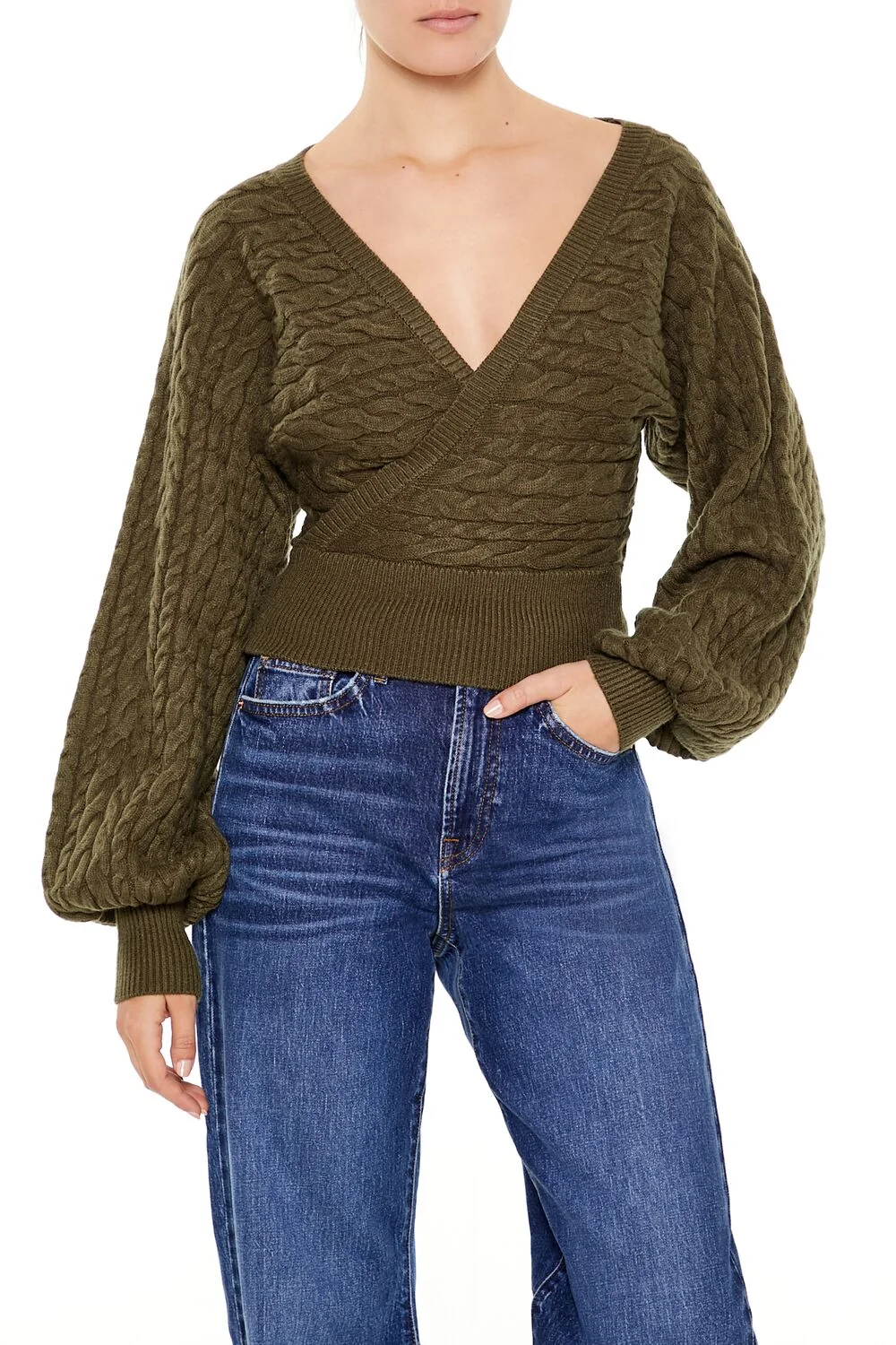 Peasant-Sleeve Cable Knit Sweater