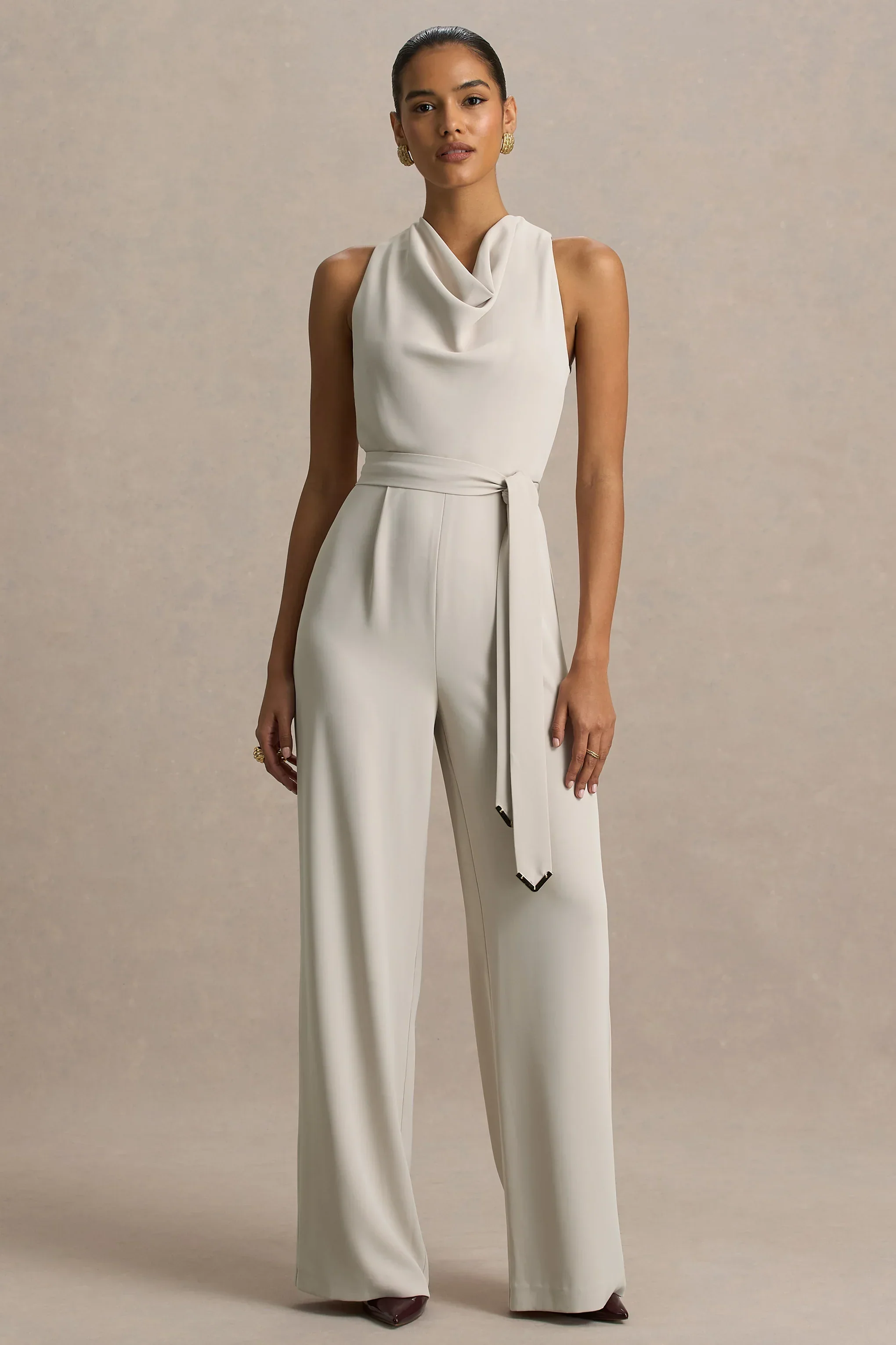Corina | Nude Cowl-Neck Jumpsuit With Tie-Detail
