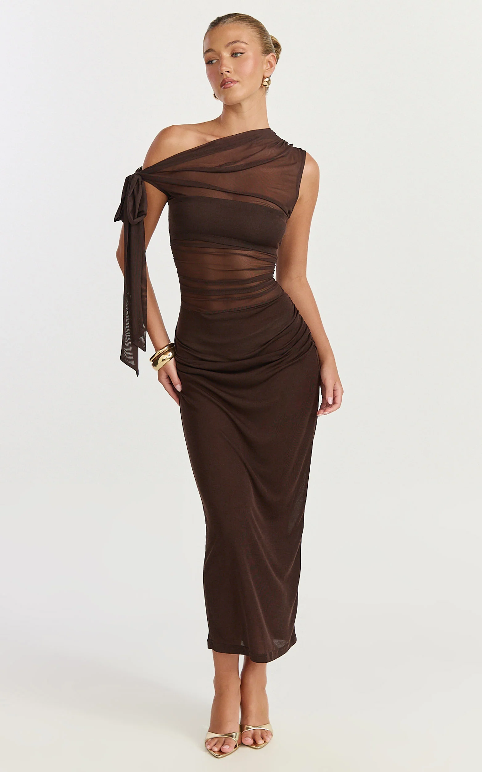 Astrid Midi Dress - Asymmetrical Off Shoulder Tie Detail Dress in Chocolate