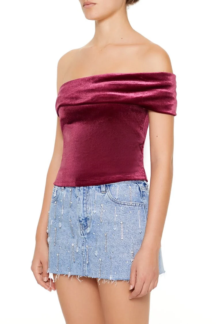 Velvet One-Shoulder Crop Top