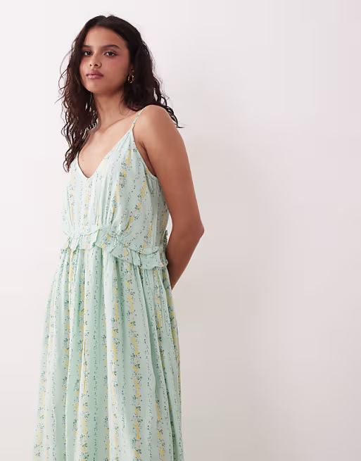 YAS Festival cami midi dress with button front detail in soft green floral stripes