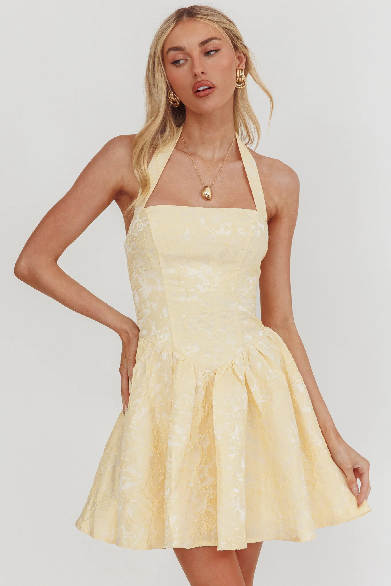 Serrah Halter Mini Dress Jacquard Butter - luluinthesky