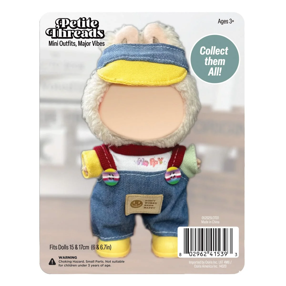 Outfit: Multi-Color Denim Overalls & Visor for Dolls - Petite Threads