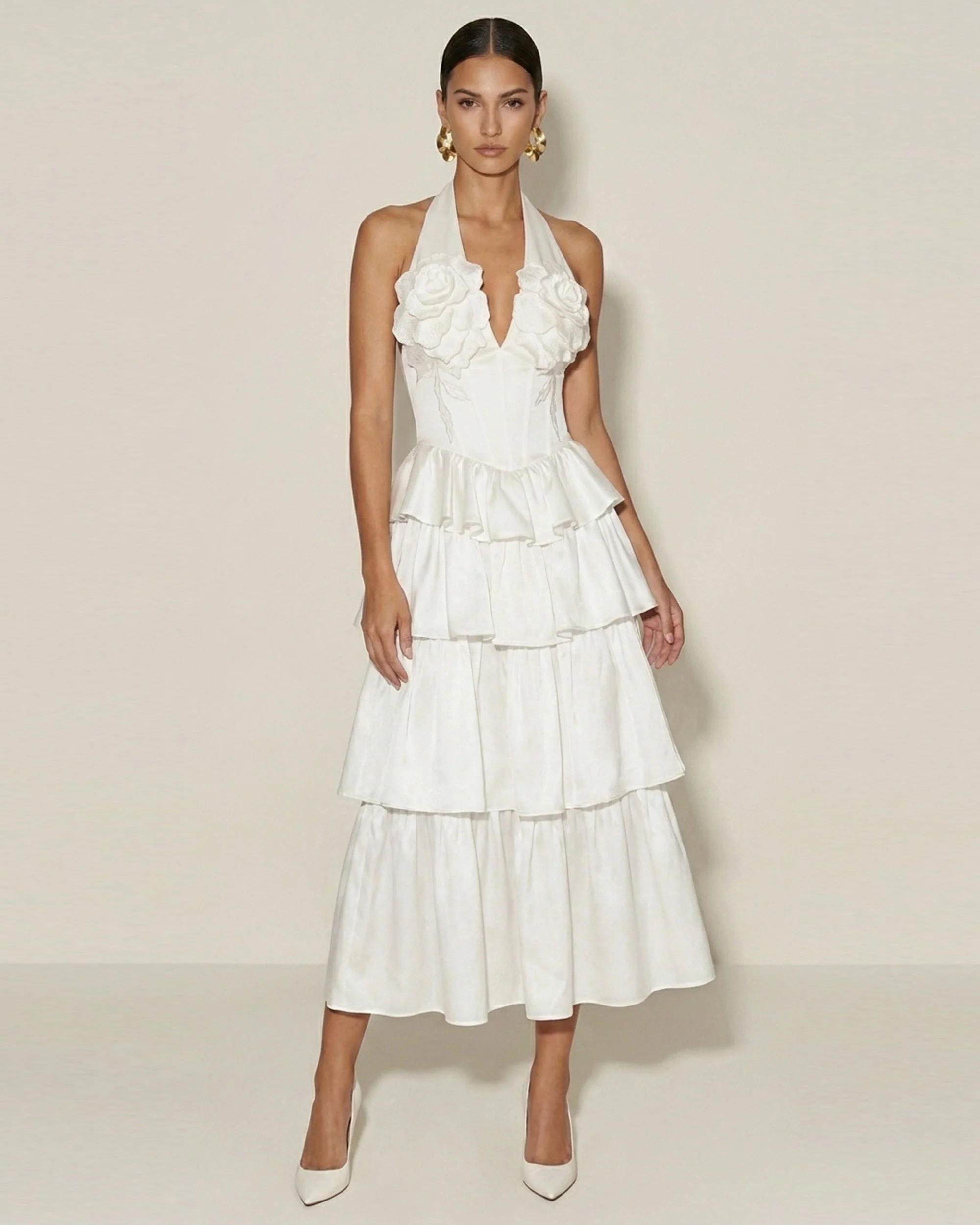 Flower Embroidered Tiered Halter Midi Dress - White