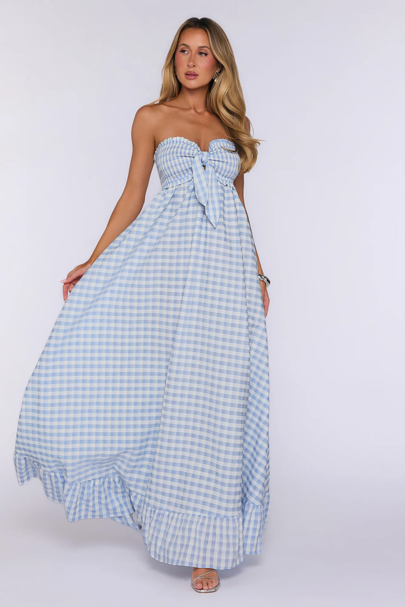 Picnic Perfect Look Strapless Gingham Maxi Dress Blue