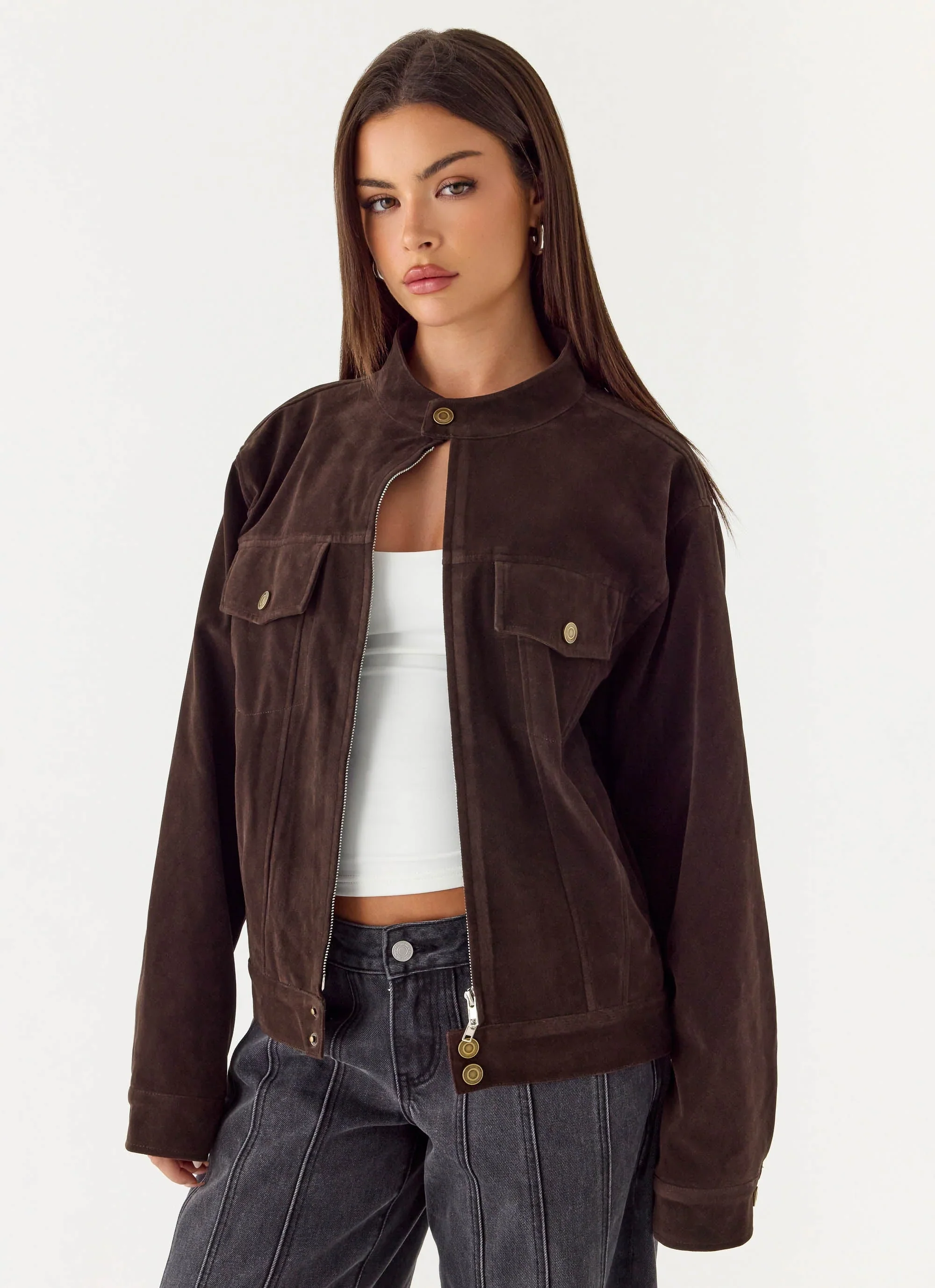 Jeremy Faux Suede Biker Jacket - Dark Chocolate