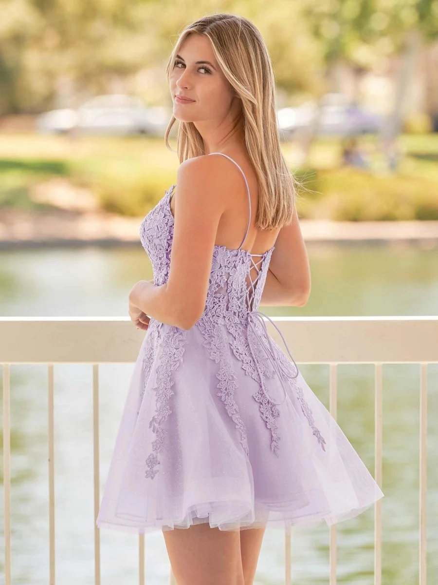 A-Line Spaghetti-Straps Sky Blue Lace Homecoming Dress With Appliques