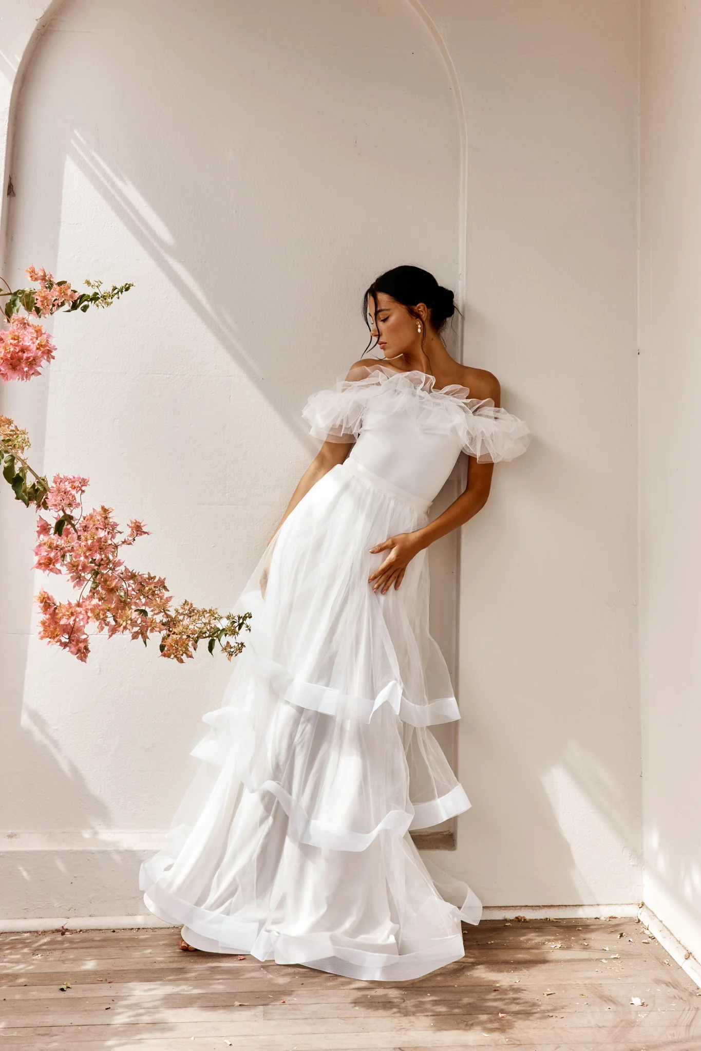 Gianni Ruffle Off-Shoulder Bodysuit White