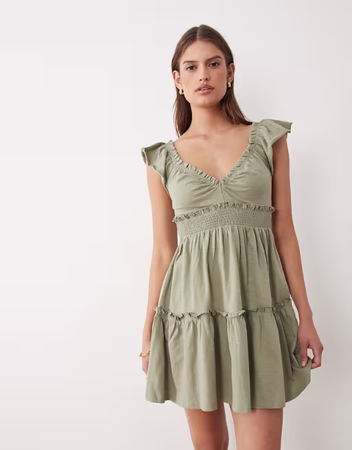 Miss Selfridge flutter sleeve smock dress in khaki
