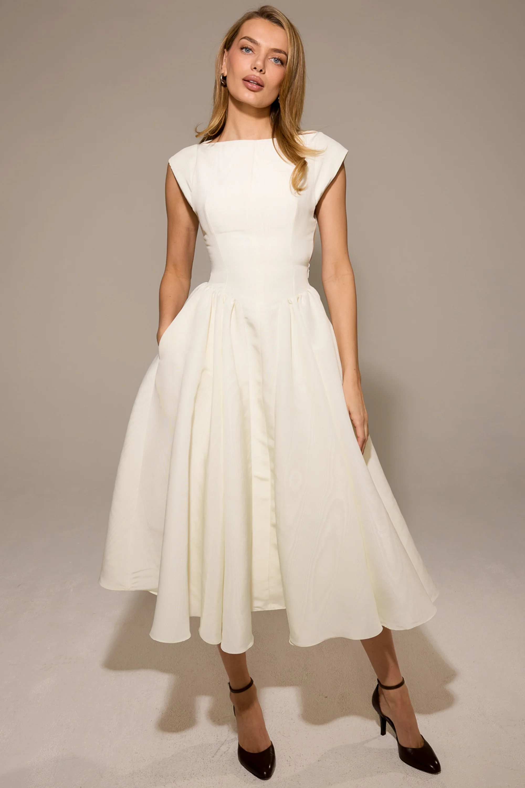 Ivory Moire Satin Midi Dress