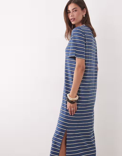 short sleeve T-shirt maxi dress in navy striped print