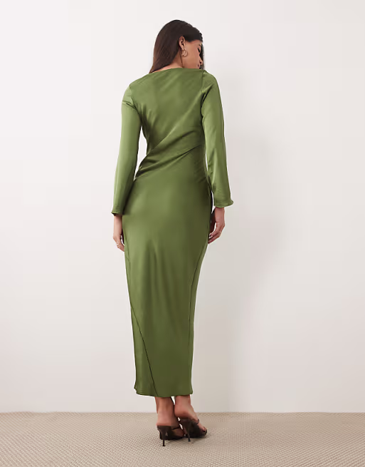 TFNC satin flared long sleeve maxi dress in olive