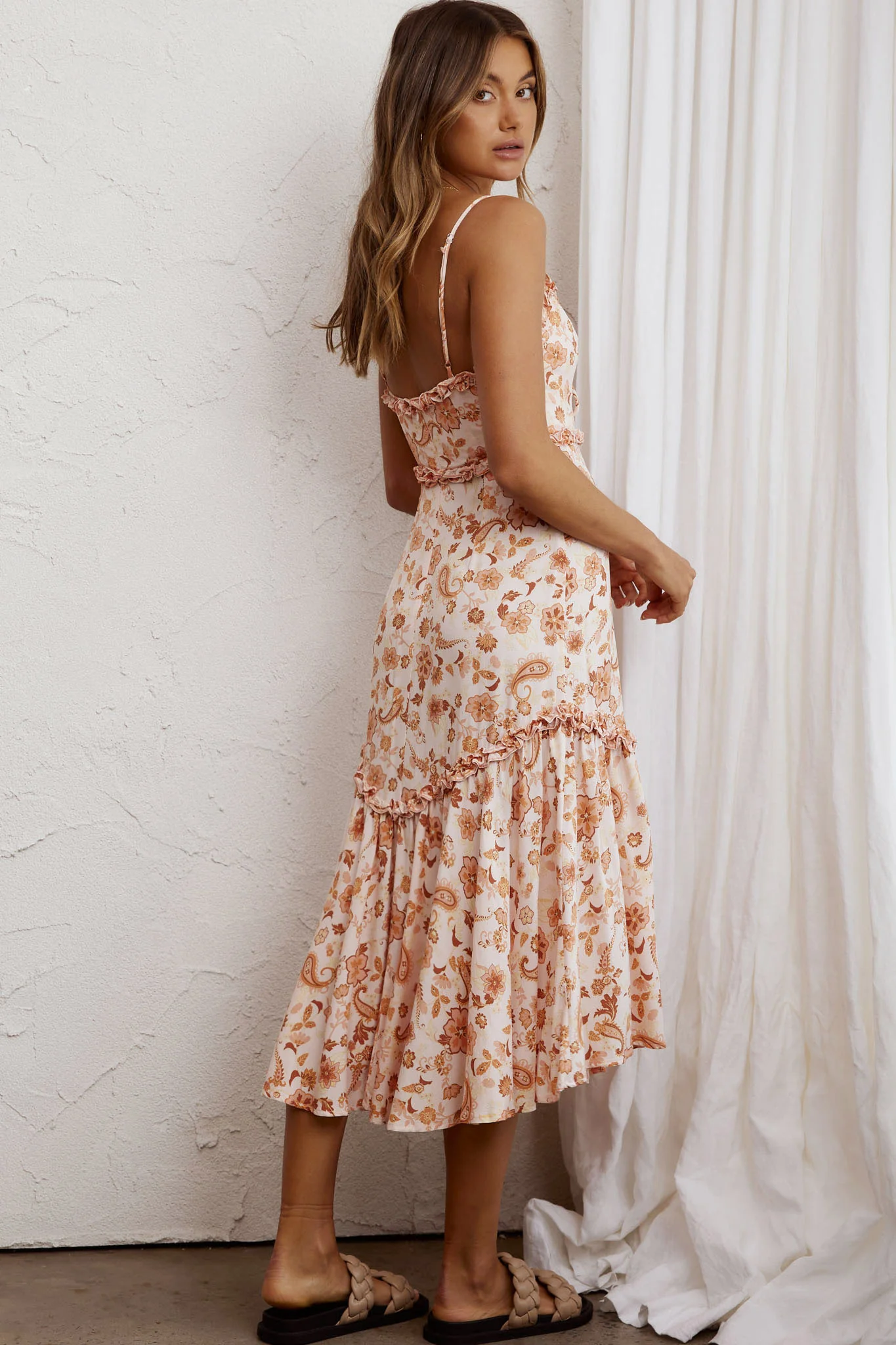 Stealing Kisses Frill Trim Midi Dress Paisley Beige Multi