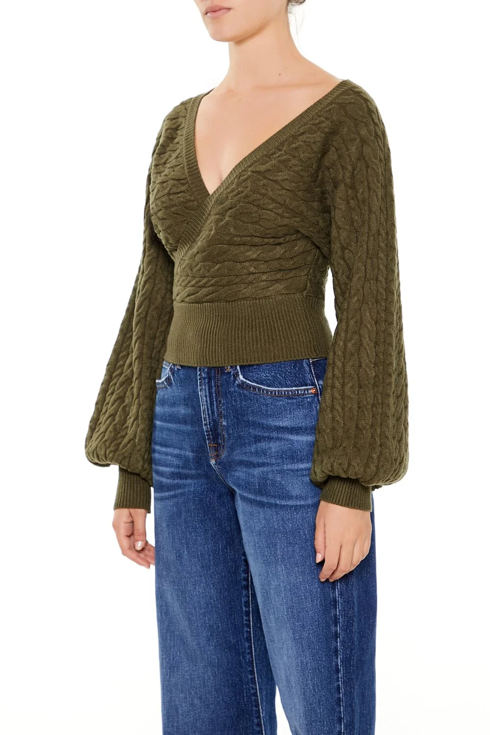 Peasant-Sleeve Cable Knit Sweater
