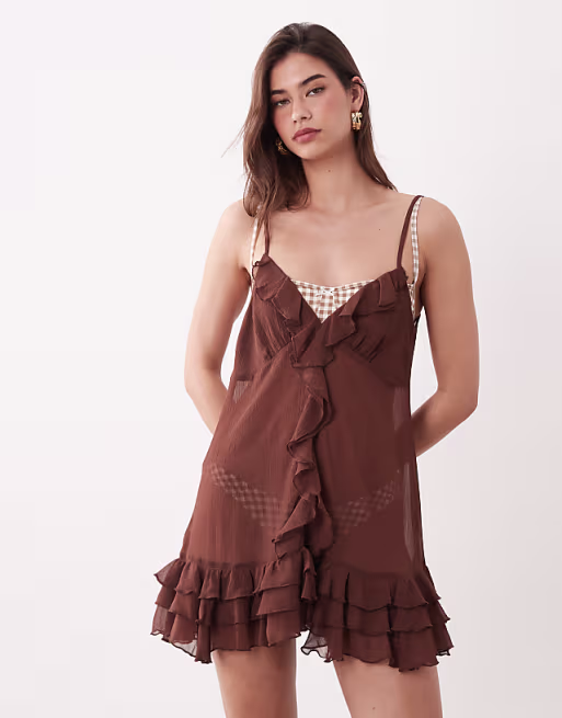 Miss Selfridge chiffon frill trim beach mini dress in chocolate
